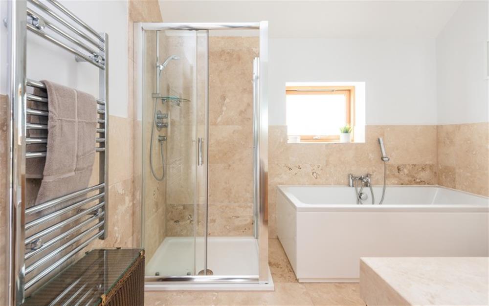 Master bedroom ensuite with bath and separate walk-in shower. at 1 Dufour in East Allington
