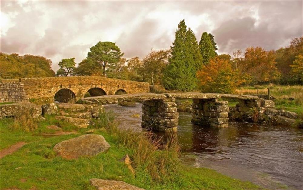 The ancient clapper bridge at Postbridge, Dartmoor at 1 Freelands Cottage in Manaton