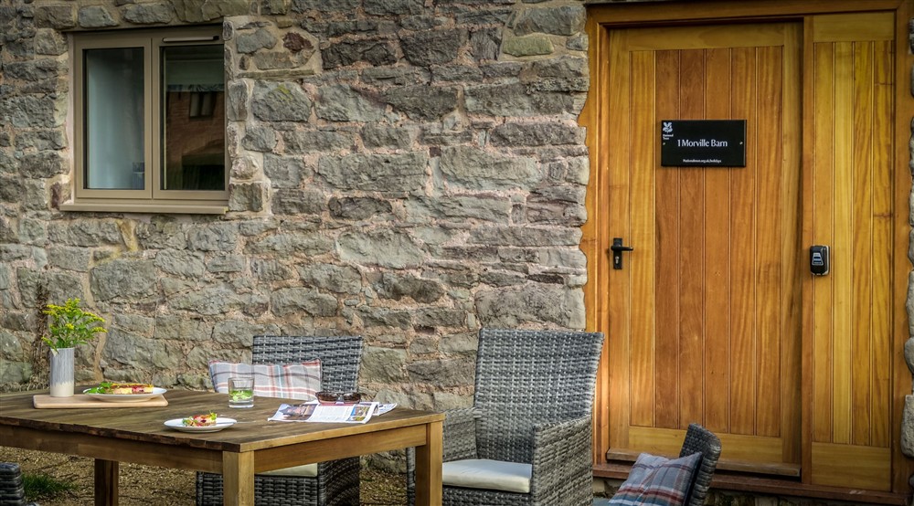 The front door and outdoor seating