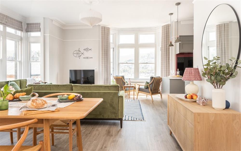Bright and spacious open-plan living room at 1 The Quay in Dartmouth
