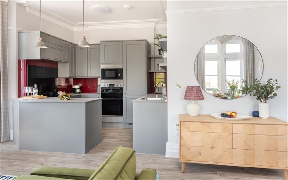 Well-equipped open plan kitchen at 1 The Quay in Dartmouth