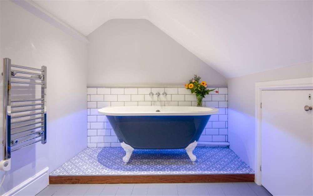 Ensuite free standing bath with tiled surround and mood lighting.