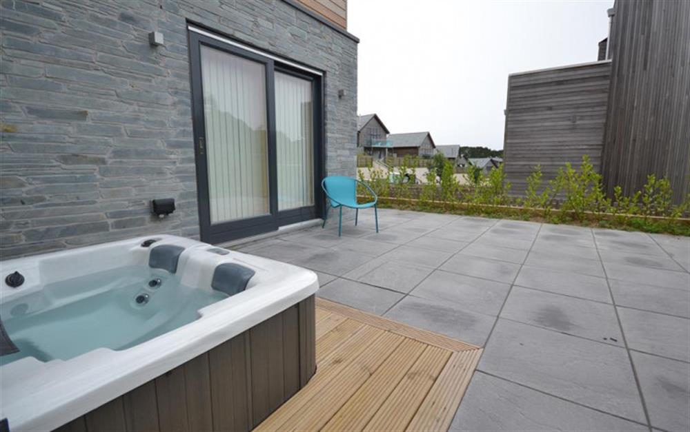 The lower terrace with part of the large hot tub. at 18 Talland in Talland Bay