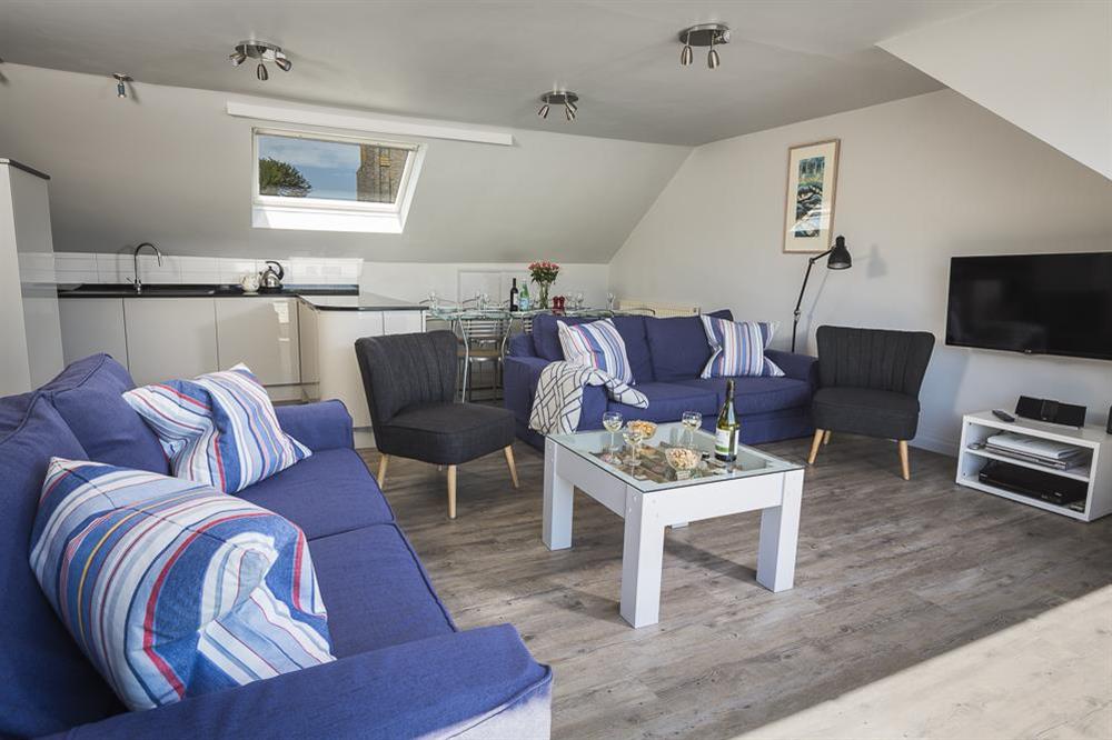 Open plan, lounge, kitchen and dining area at 2 Churchill House in Market Street, Salcombe