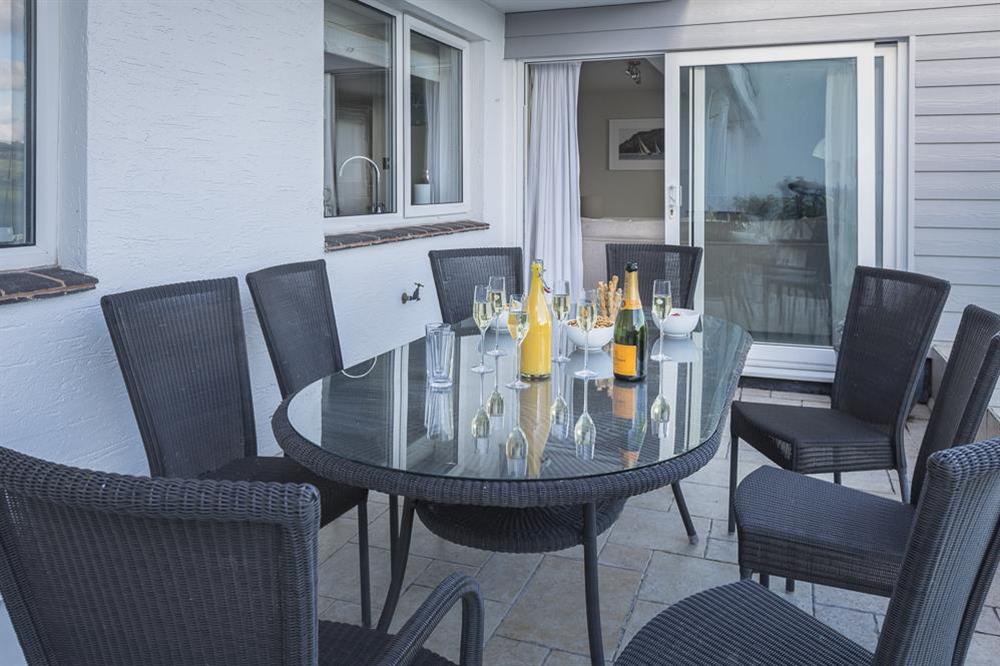 Large balcony with dining table and chairs with glorious sea views at 2 Hamstone Court in , Salcombe