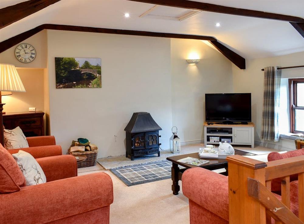 Comfortable living area with a gorgeous wood burner at 2 Swallowholm Cottages in Arkengarthdale, near Reeth, North Yorkshire
