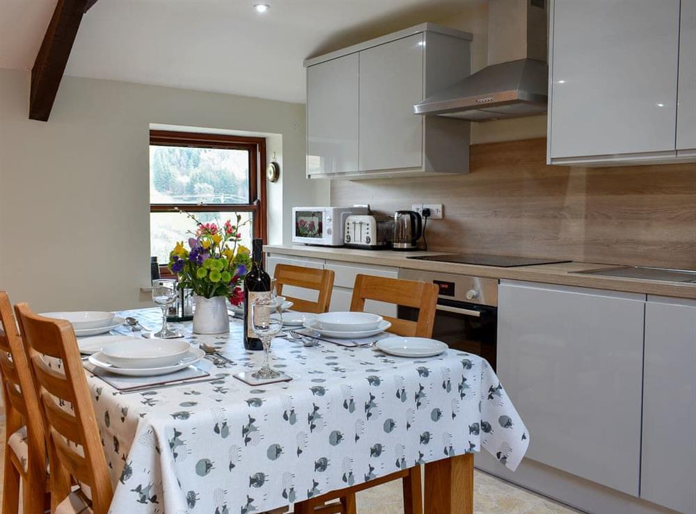 Well equipped gloss kitchen and dining area at 2 Swallowholm Cottages in Arkengarthdale, near Reeth, North Yorkshire