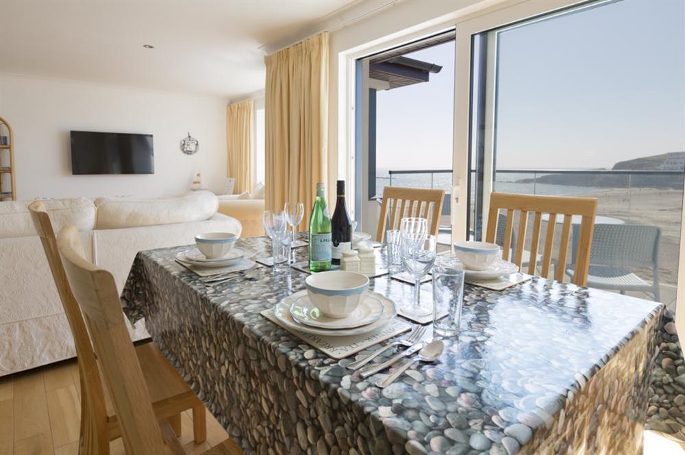 Dining area with beautiful views, leading onto the balcony at 25 Burgh Island Causeway in , Bigbury-on-Sea