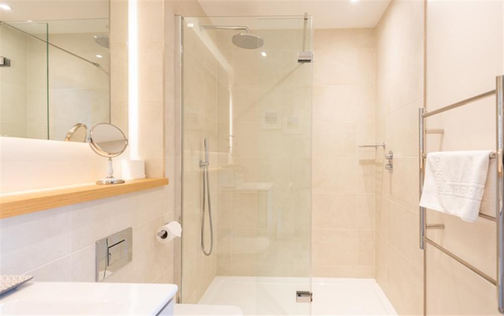 Bedroom 1 En suite with walk in shower, basin and WC at 3 Island Place (Saltstone) in Salcombe
