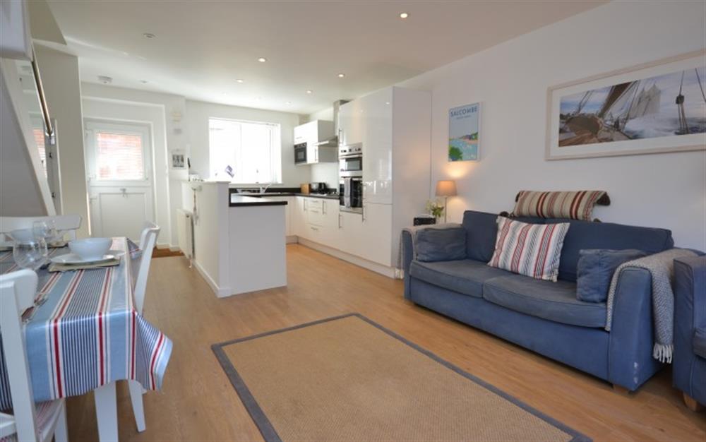 The open plan living and kitchen area at 3 Waters Edge in Salcombe