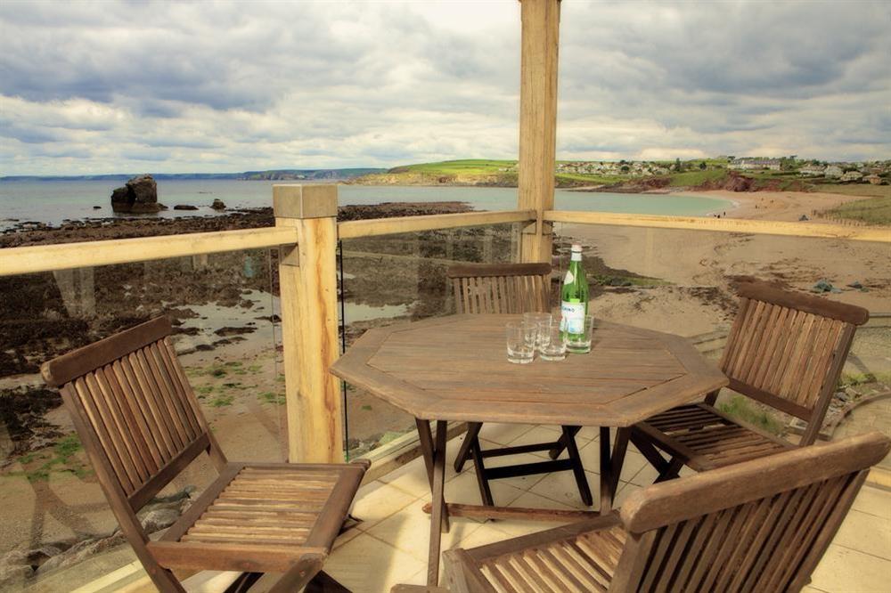 Balcony with fabulous sea and beach views at 4 Thurlestone Rock Apartments in Thurlestone Sands, Kingsbridge