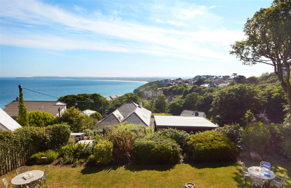 Views of the communal garden and ocean from the balcony at 5 Fernhill, Carbis Bay