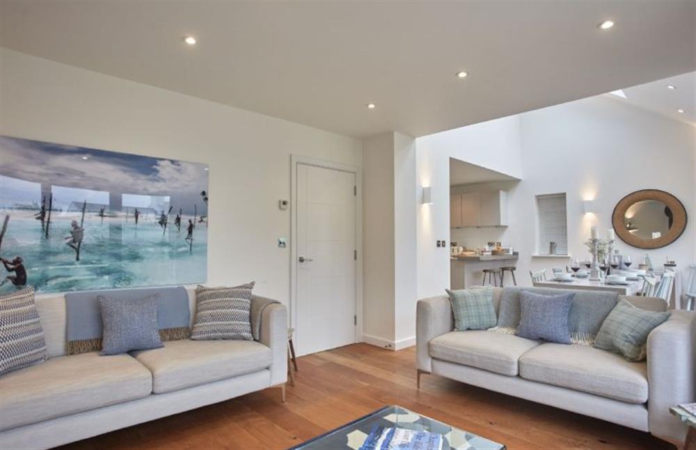 Coastal themed comfy living area with Smart television and Bluetooth speaker at 5 The Sands, Polzeath