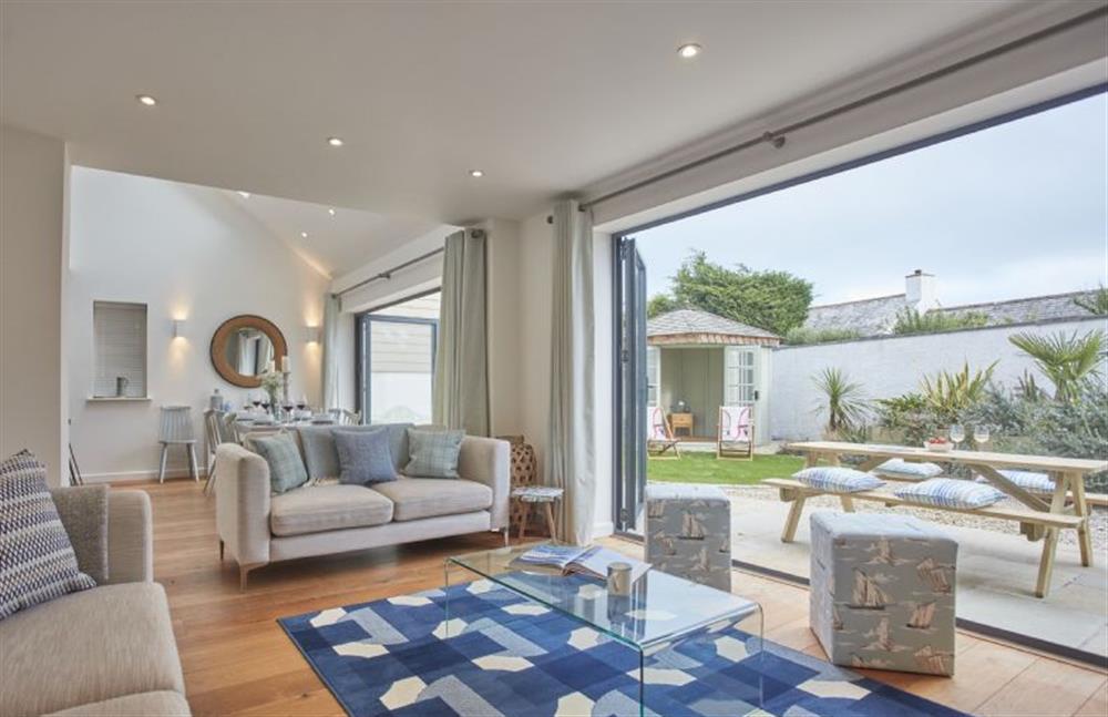 Open up the bi-folding doors and enjoy the outside from the comfort of the sofa at 5 The Sands, Polzeath