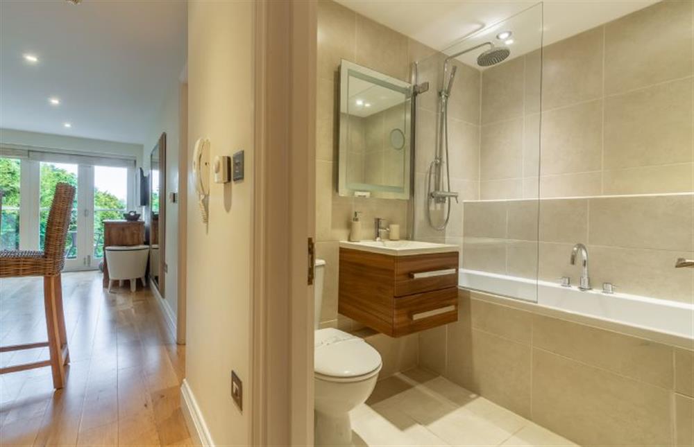 The modern bathroom with a overhead rainfall shower and the living area in the back ground at 6 Sandy Lane, Carbis Bay