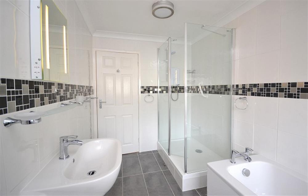 The modern bathroom with bath and walk-in shower. at 7 Mayflower Court in Dartmouth