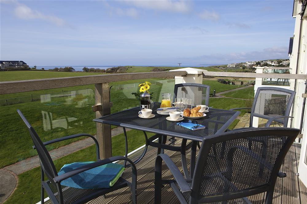 Enjoy Breakfast on the terrace looking over the fields to the sea at 8 Thurlestone Beach Apartments in Thurlestone, Nr Kingsbridge