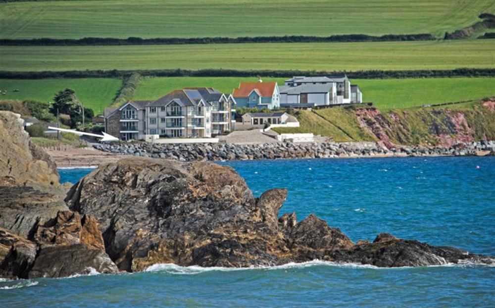 8 Thurlestone Rock apartment arrowed, viewed from the sea. at 8 Thurlestone Rock in Thurlestone