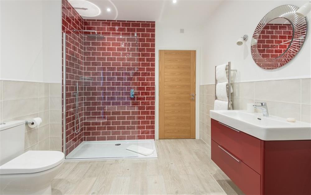 Downstairs family bathroom with separate walk-in shower at Acacia House in Cornworthy