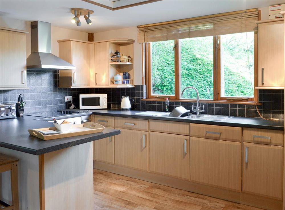 Well-equipped fitted kitchen at Acorn Cottage in Bovey Tracey, Devon., Great Britain