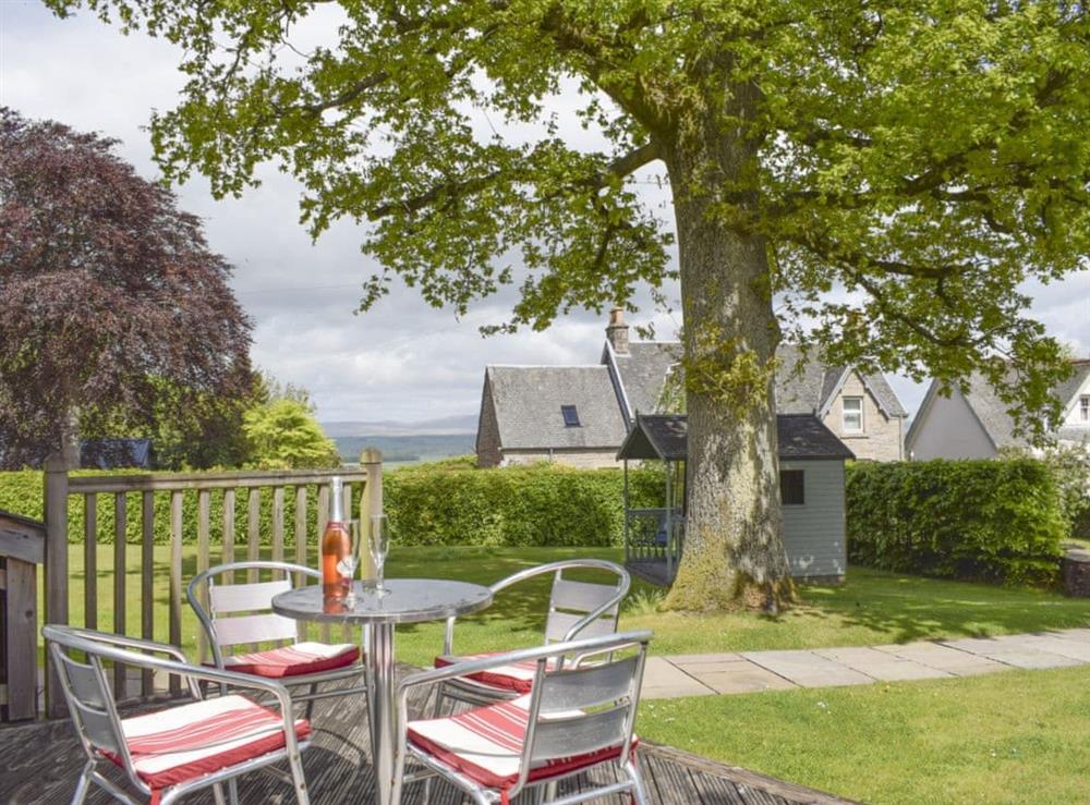 Lovely garden views from second patio area at Acorn Cottage in Kippen, near Stirling, Stirlingshire., Great Britain