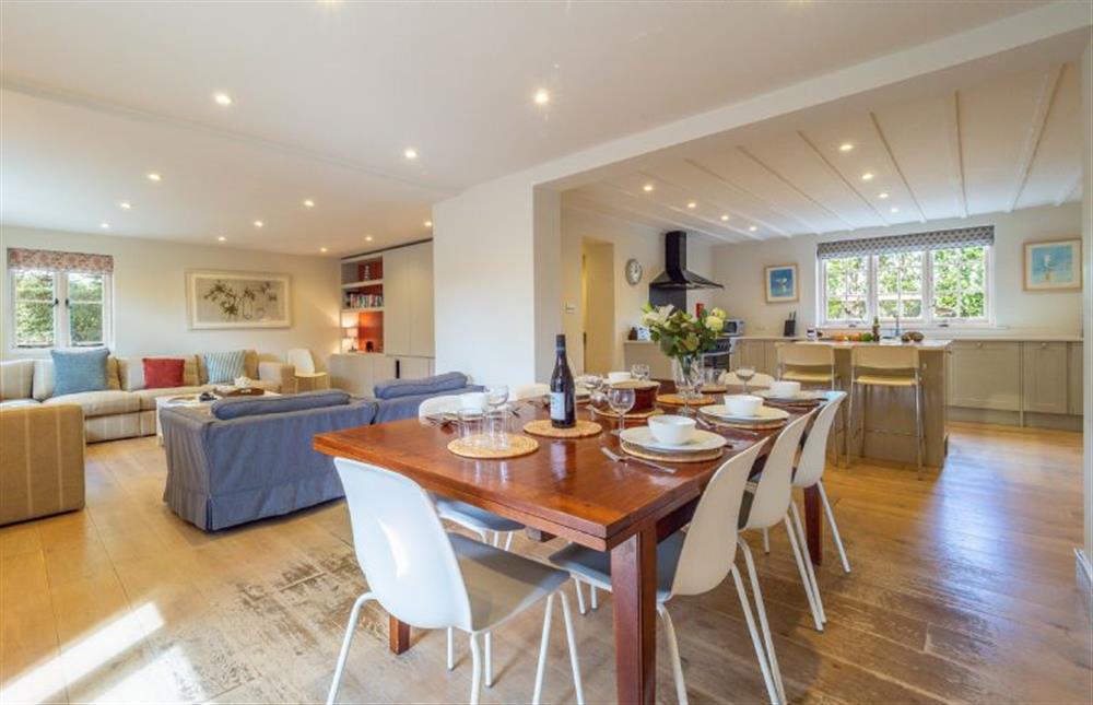 Open plan living space with dining area, kitchen and sitting area at Alexander House, Thorpeness