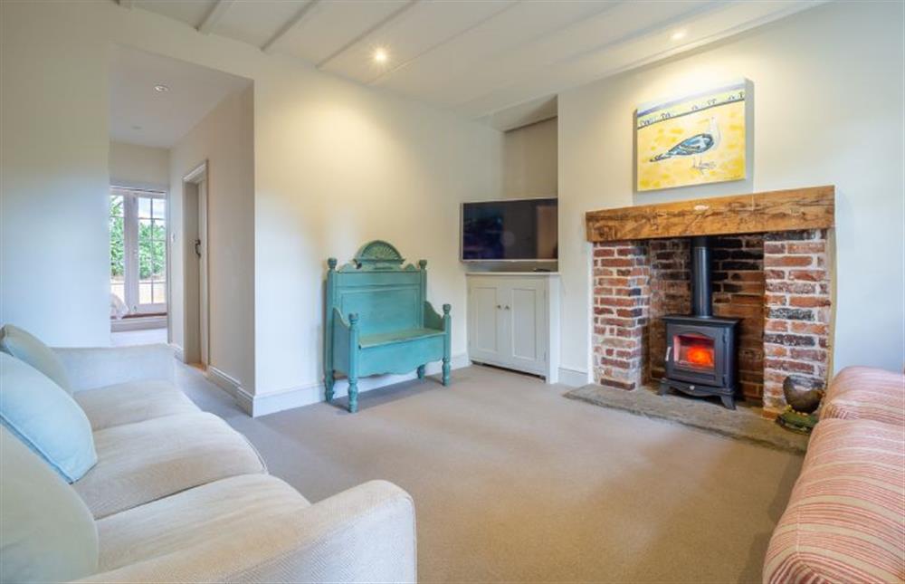 Sitting room with wood burning stove and television with Sky at Alexander House, Thorpeness