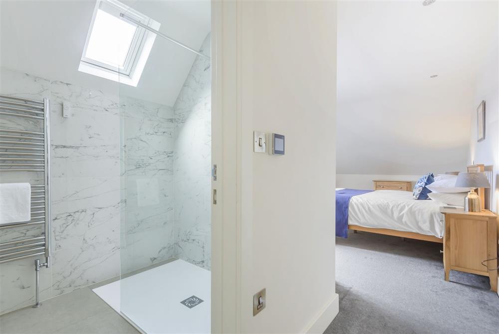 All Views, Dorset: Bedroom one into the en-suite shower room at All Views, Bridport