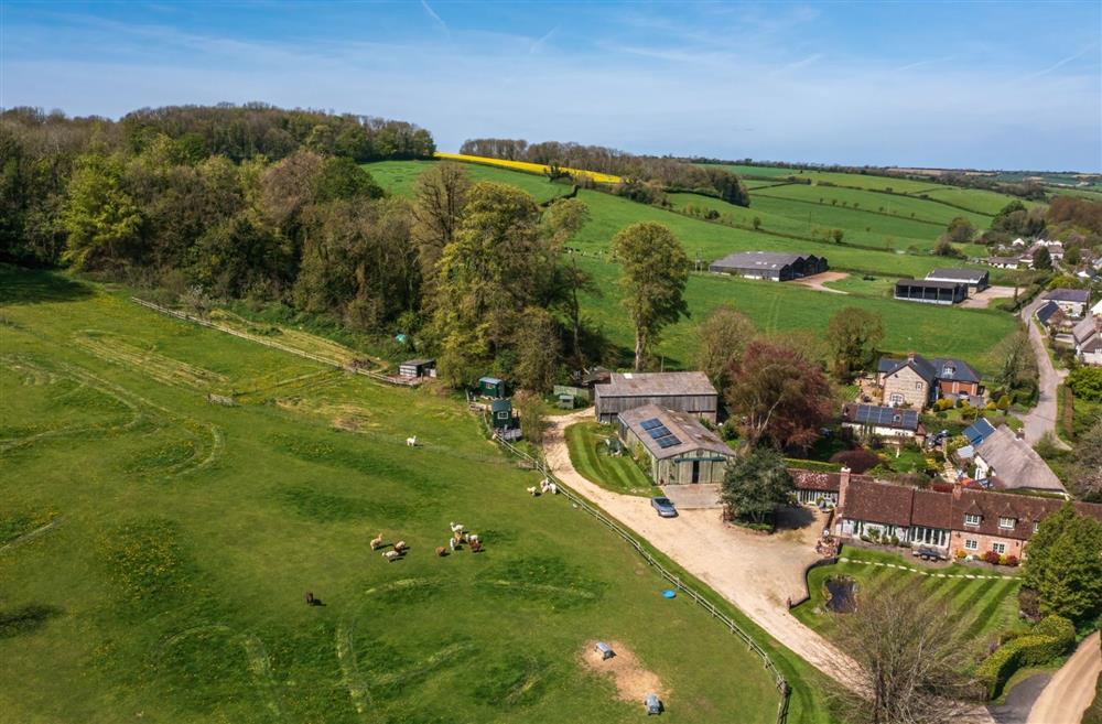 An aerial view of the alpaca field opposite the cottage at Alpaca Cottage, Dorchester