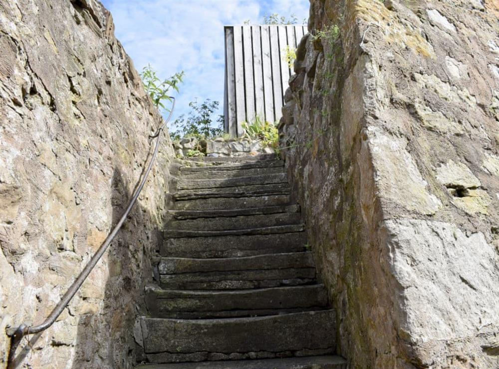 Steep, narrow, uneven steps leading to garden at Anchor Cottage in Pittenweem, near Anstruther, Fife