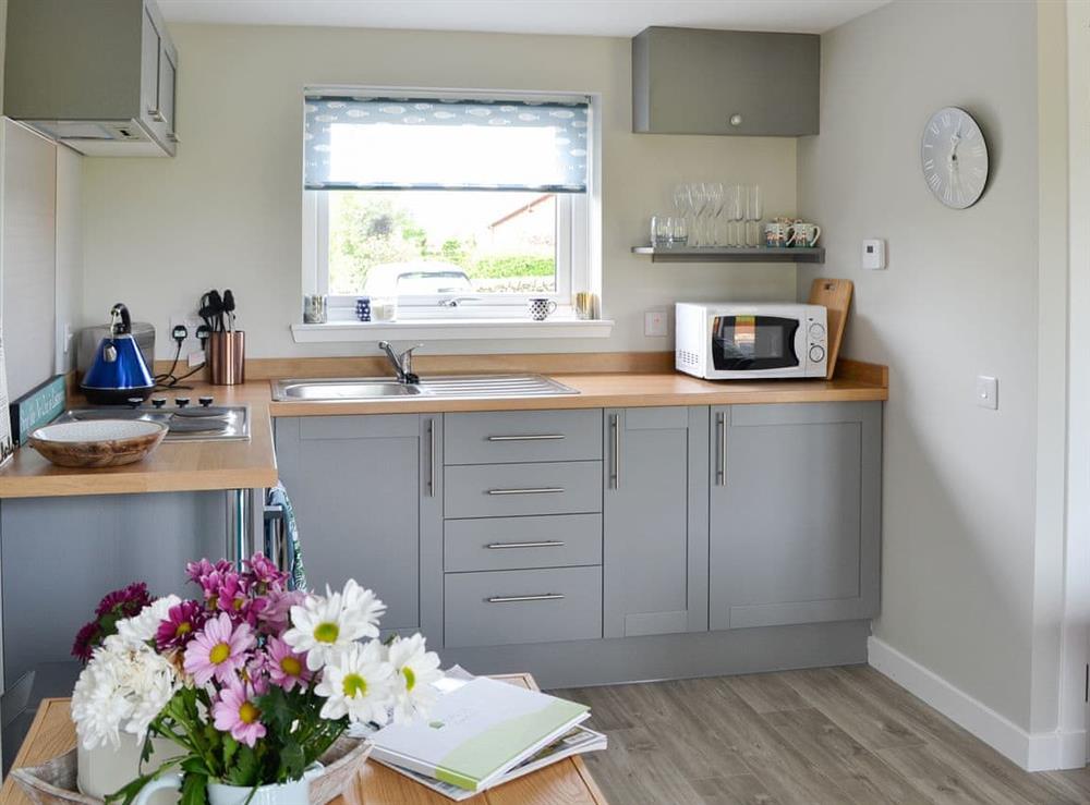 Modest dining area and well appointed kitchen area at Annabelles Den in Gatehouse of Fleet, near Kirkcudbright, Dumfries and Galloway, Kirkcudbrightshire