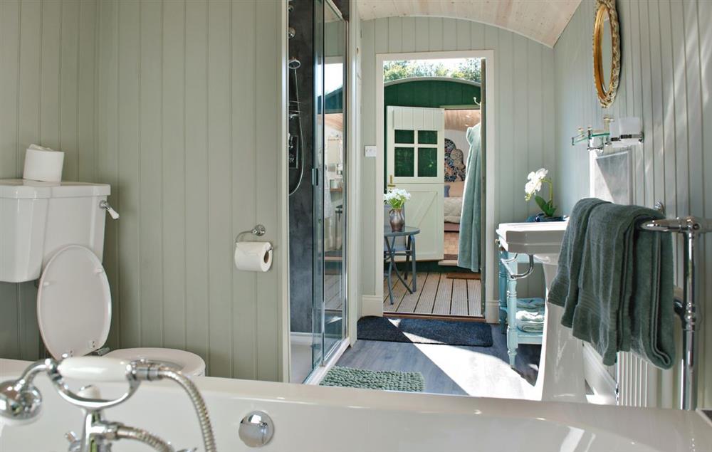 The bathing and dressing hut with double ended bath and walk in shower  at Annes Hut, Penterry