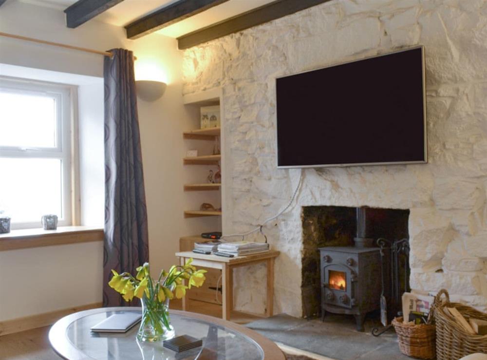 Welcoming living room with wood burner at Annies Cottage in Edinbane, near Portree, Isle Of Skye