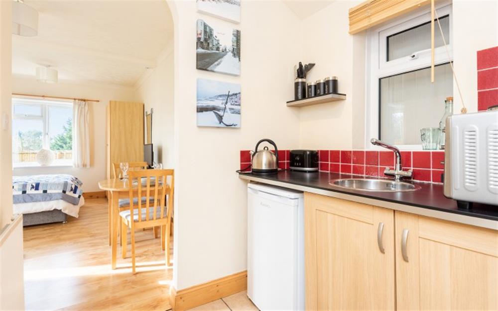 Compact kitchen area at Anning Road Studio in Lyme Regis
