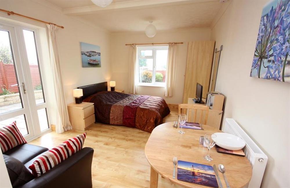 Open plan studio living area at Anning Road Studio, Lyme Regis