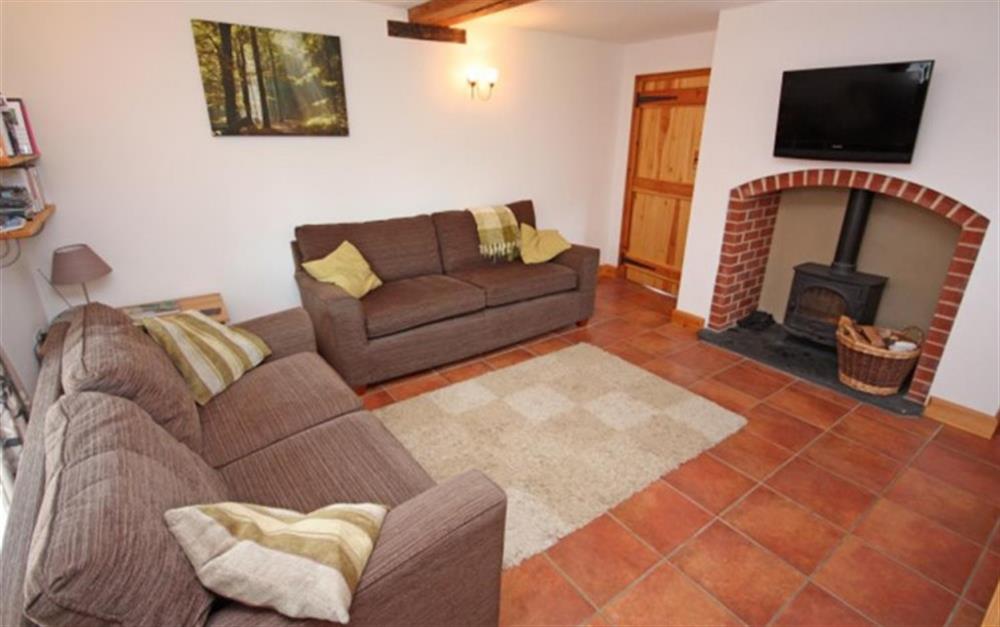 Open plan lounge with two 3 seater sofas, woodburner and TV/DVD at Apple Tree Cottage, Awliscombe in Honiton