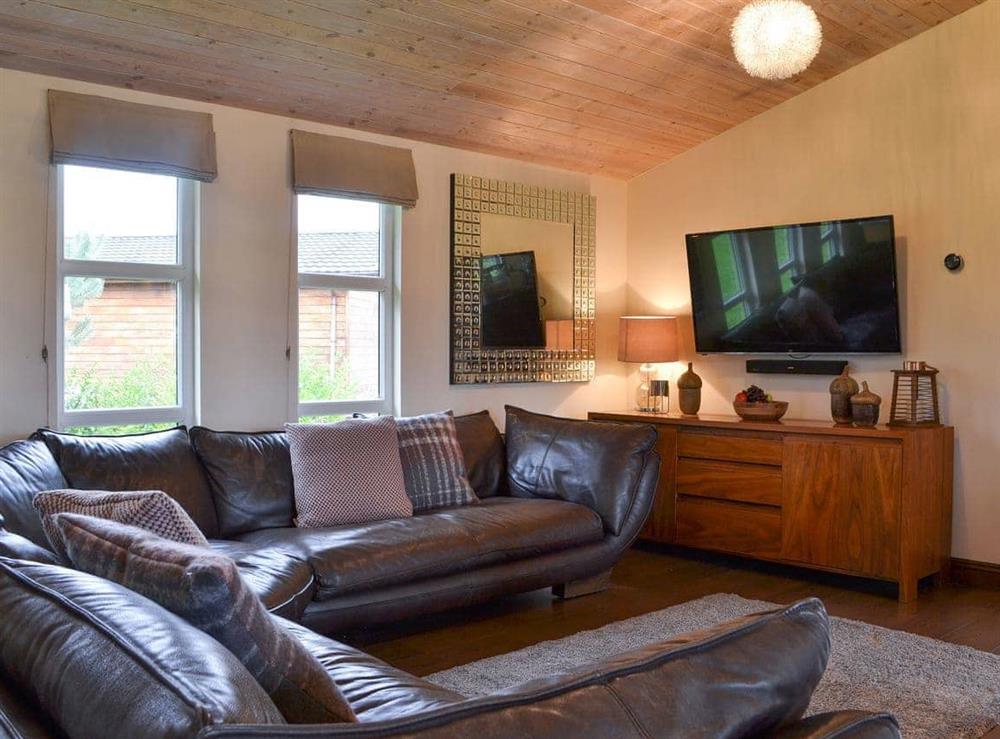 Bright and airy living area with leather sofas at Appletree Lodge in Newton-on-Derwent, near York, Yorkshire, North Yorkshire