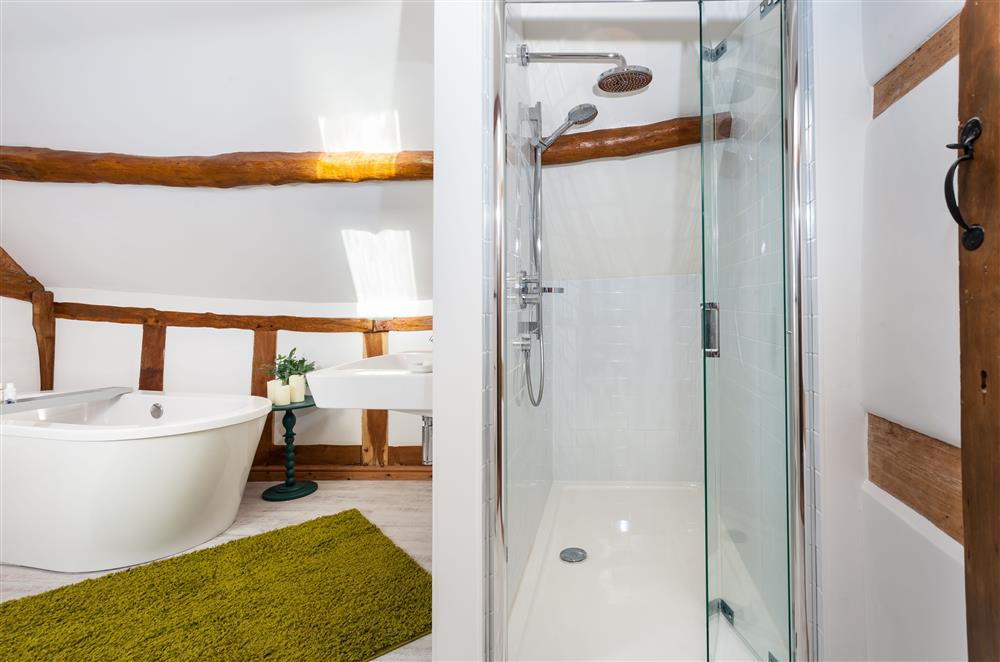 The family bathroom with walk-in shower at April Cottage, Eckington