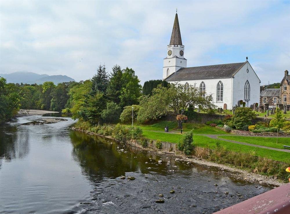 River Earn and Comrie’s White Church at Arden House in Comrie, near Crieff, Perthshire