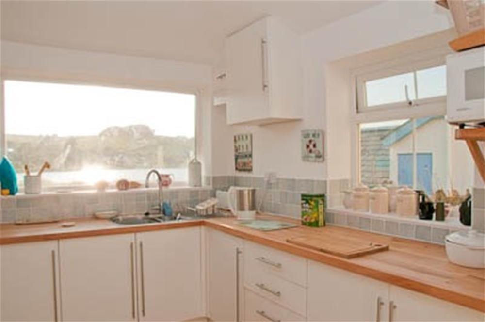 Well equipped kitchen with views over Slapton Ley at Argosy in Torcross, Kingsbridge