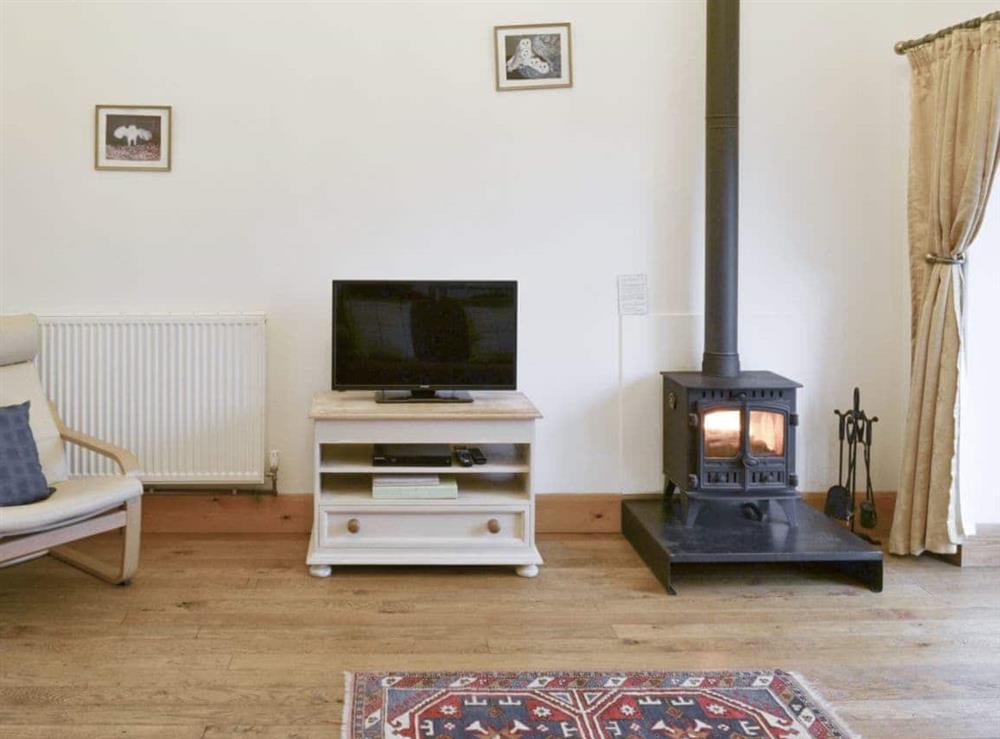Welcoming living room with wood burner at The Hay Barn, 