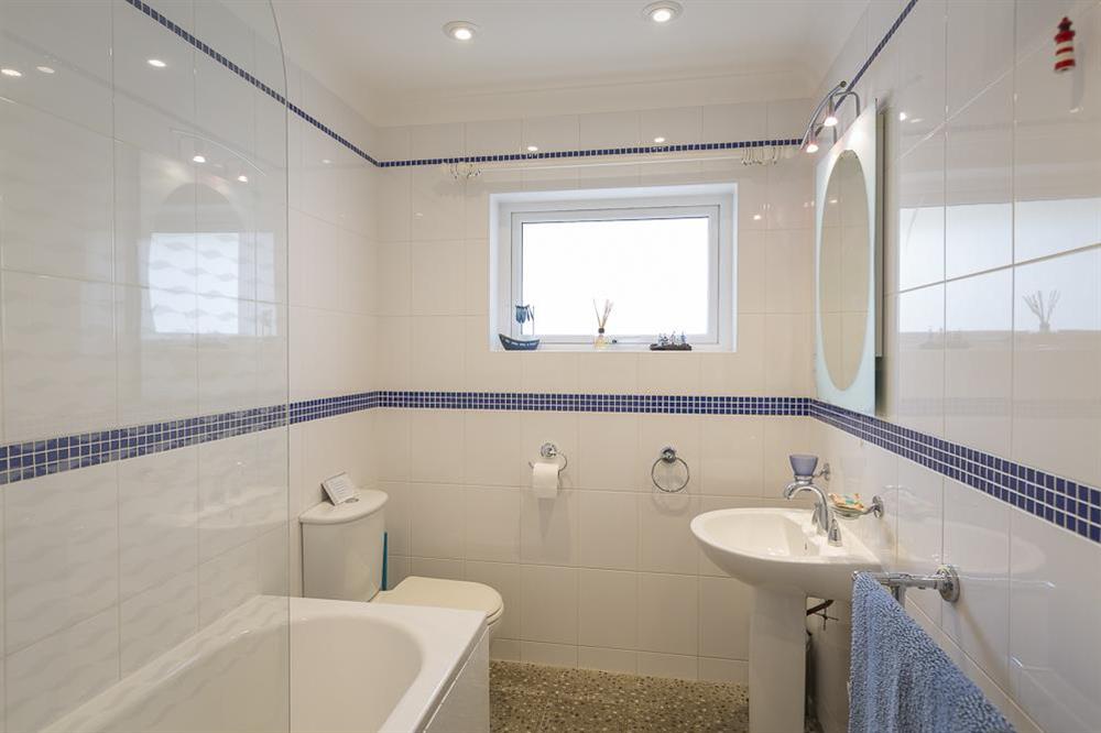 Family bathroom with shower over bath at Atlantic Lodge in Hope Cove, Kingsbridge