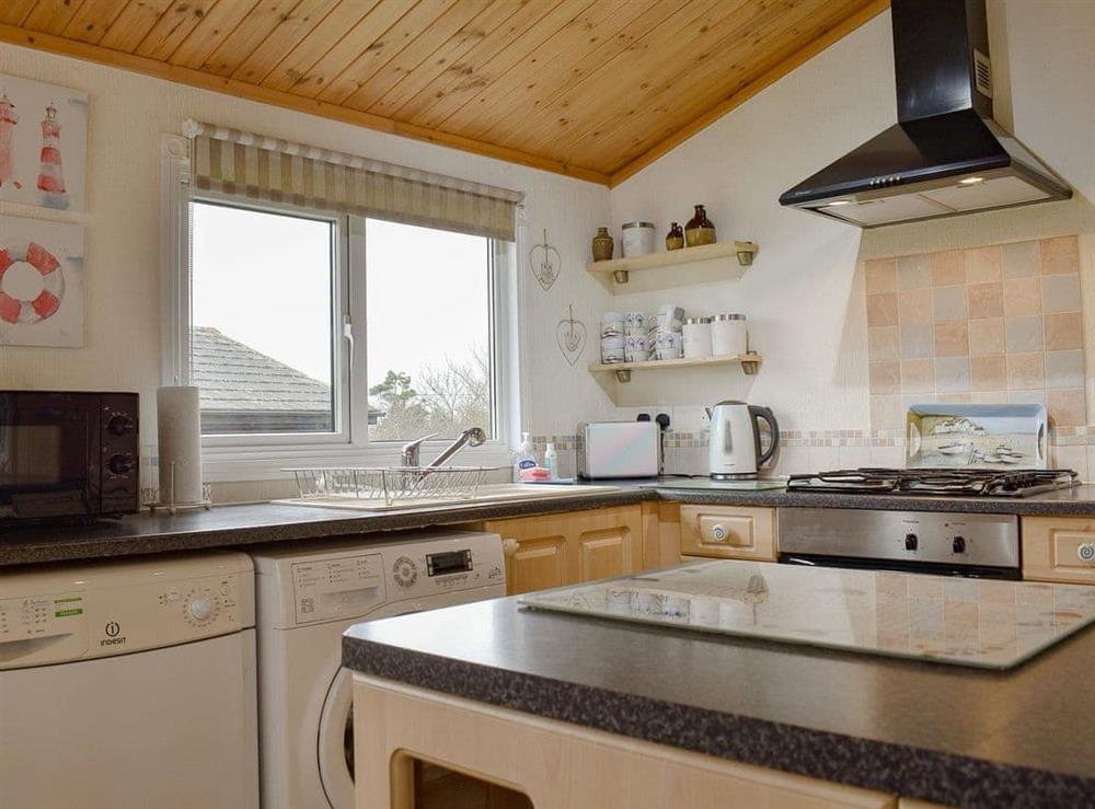 Kitchen area at Avalon lodge in Killigarth, near Polperro, Cornwall
