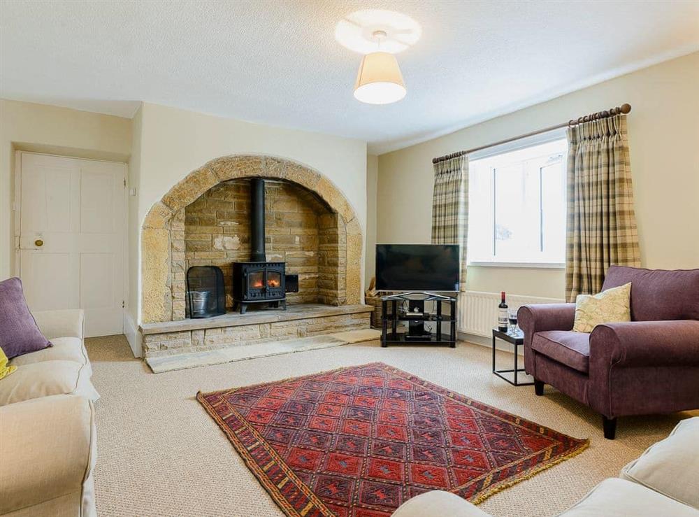 Large and airy living room with wood burner at Backstone Bank Farmhouse in Wolsingham, near Stanhope, Durham