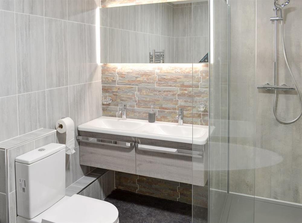Family bathroom with bath and separate shower enclosure at Bagtor Hayloft in Islington, near Newton Abbot, Devon