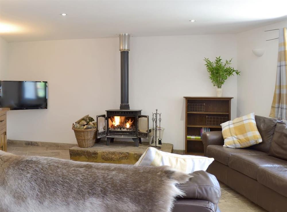 Stylish living area with wood burner at Bagtor Hayloft in Islington, near Newton Abbot, Devon