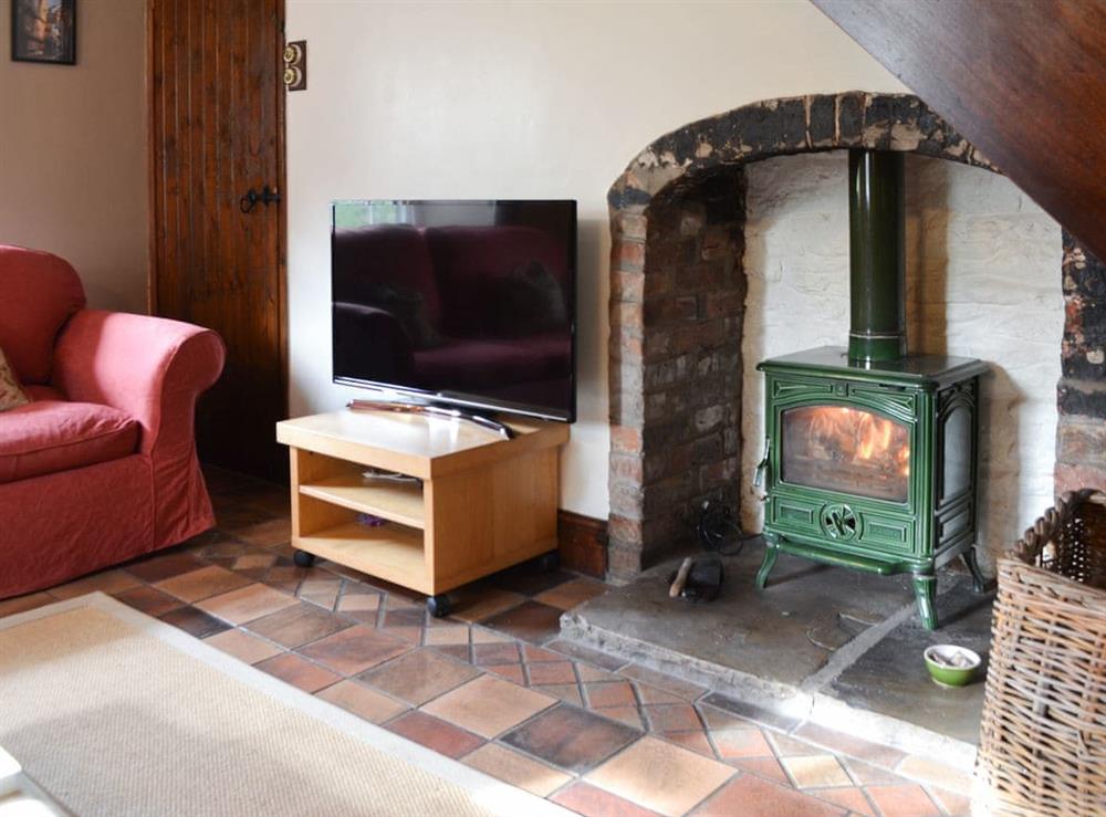 Living room with wood burner at Bakers Cottage in Hotham, near Beverley, North Yorkshire