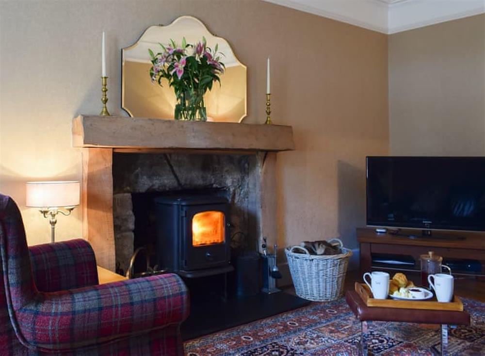 Relaxing living room with wood burner at Balvaig Cottage in Strathyre, near Callander, Perthshire