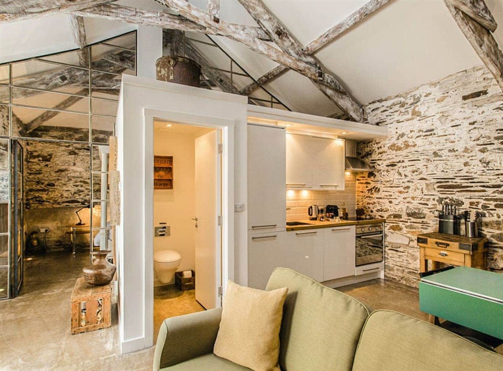 Open plan living space at Barn One in Landscove, near Buckfastleigh, Devon