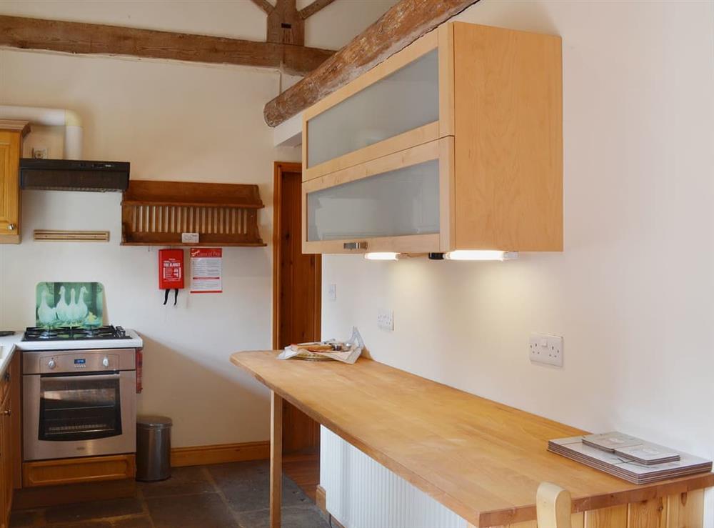 Galley style kitchen with wooden worktops at Barn Owl Cottage in Matlock, Derbyshire